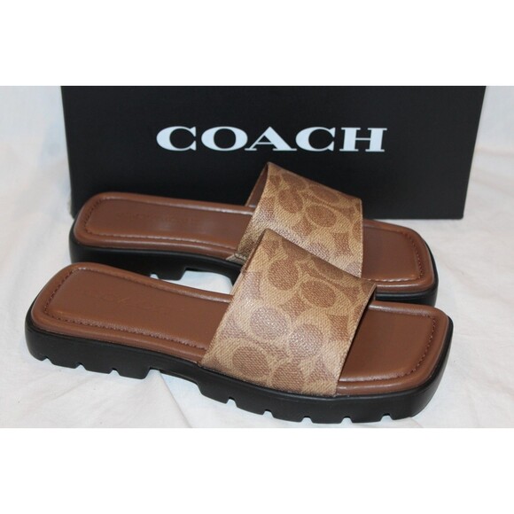 Coach Shoes - COACH Women Florence Printed C Lug-Sole Slip-On Slide Flat Sandals Khaki Tan 6